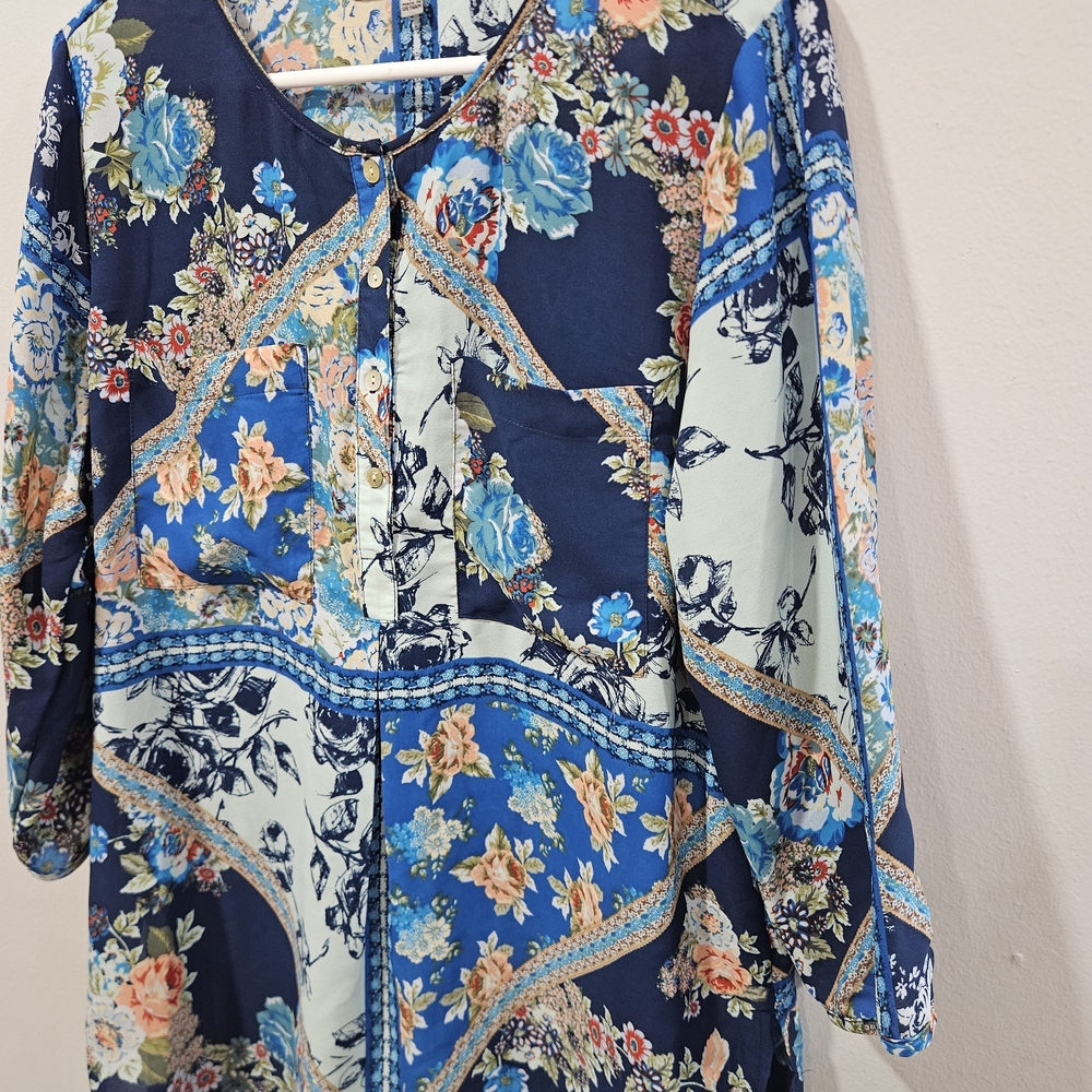 Figueroa & Flower Blue Floral Tunic Blouse Boho Patchwork Design, Size Large - Picture 3 of 10